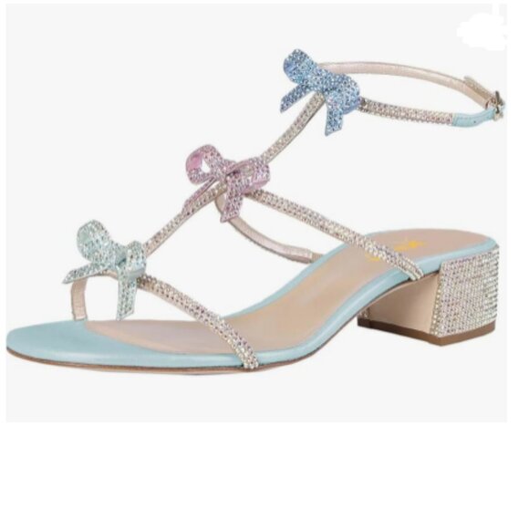 XYD Blue Multi Rhinestone Crystals Chunky Heels Open Toe Sandals Bowknots Shoes - Picture 1 of 8